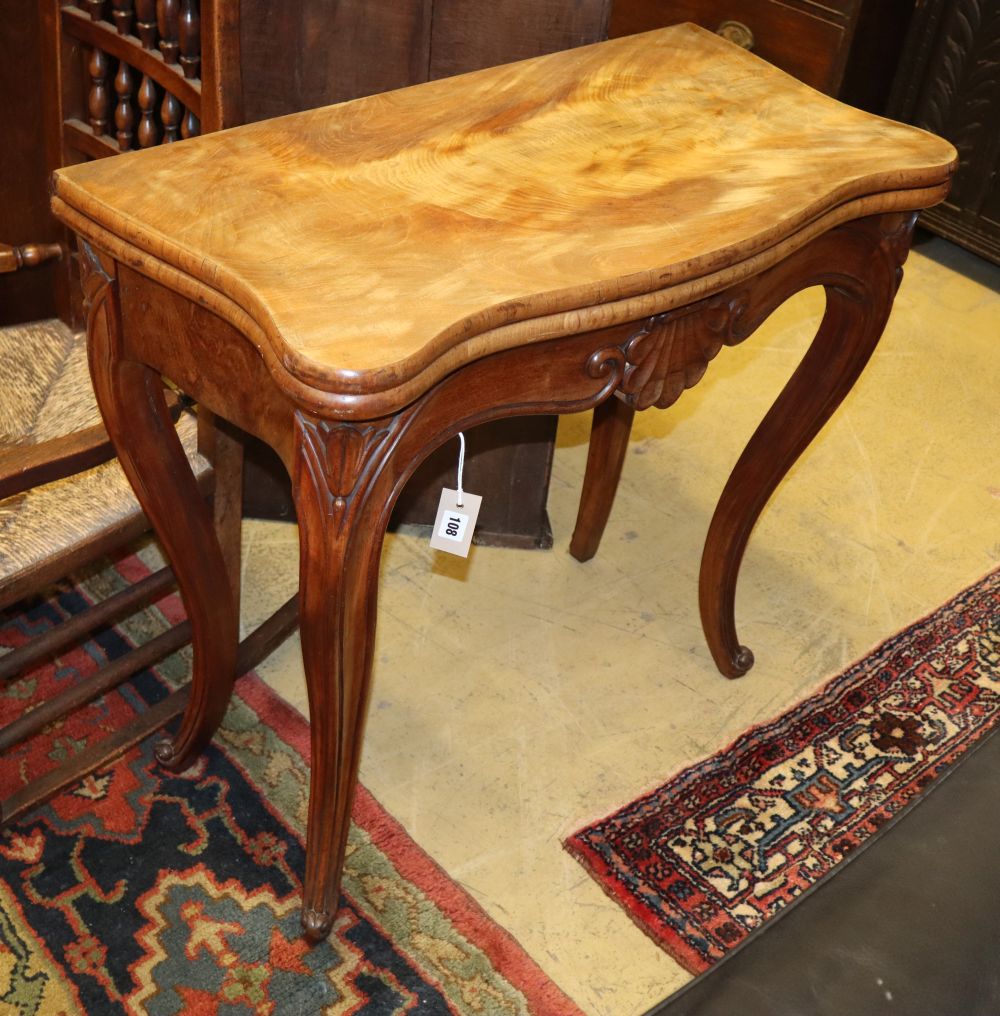 A 19th century French mahogany serpentine folding card table, W.83cm, D.41cm, H.76cm